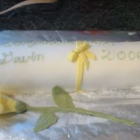 Diploma Vanilla chiffon cake, with lemon cream cheese filling. Vanilla butter cream covered in MMF with MMF accents and rose. BC writing "...