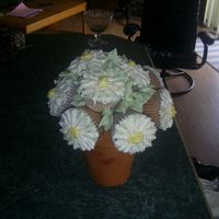 Cupcake Bouquet white sour cream cup cakes decorated to look like daisies. Mounted in half a styrofoam ball and terra cotta pot. I love making these, they...
