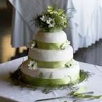 Green Ribbon Wedding Cake The top and bottom tiers are chocolate. The middle is a white cake. Iced in vanilla BC and covered in MMF. The satin ribbon and flowers...