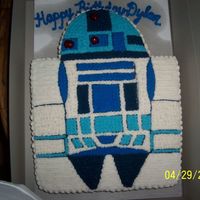 R2D2 For a child's birthday. I cut the end of a sheet cake to make the head and I used the Wilton cake pan instructions to decorate.