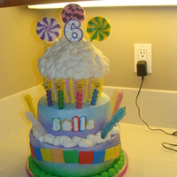 Bella's Candyland Cake Giant Cupcake and 8 inch Pink Vanilla Cake, 10 inch Lemon WASC with Cheesecake filling. Buttercream frosting with fondant accents....