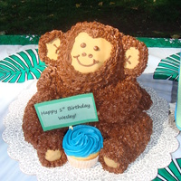 Wesley's Monkey Marble Wasc Monkey, made from 3D bear pan. Chocolate Buttercream and fondant accents. Ears, arms and legs are rice krispy treats.