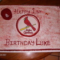 St. Louis Cardinals Cake was made out of whipped cream icing. Had a really fun time creating this cake for my cousins sons 1st Birthday!