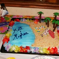Tropical Honeymoon Cake made in whipped crean icing with fondant accents on top. Trees are fondant leaves with cookie trunks