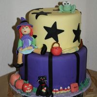 Witch_Cake.jpg The cake size is an 8 inch and a 6 inch. The witch, frog, cat, broom, pumpkins, book, treat basket and candy corn are all modeled out of...