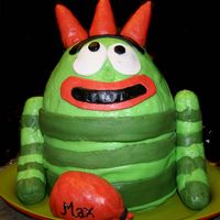 Brobee Yo Gabba Gabba The horns, arms and balloon are RKT. The rest is fondant, with wilton's decorator frosting and funfetti cake (thats what little max...