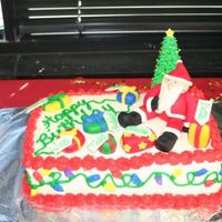 Christmas Birthdays Red Velvet cake with cream cheese icing. Santa and presents are all fondant. Tree is an ice cream cone with royal icing "leaves"...