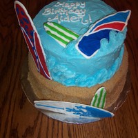 Surfs Up Birthday cake for a boy into surfing. Iced in BC with RI surf boards.