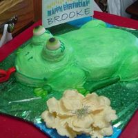 Birthday_Frog_Side.jpg Lemon cake with lemon icing. Frog was sprayed green. The legs are half mini hearts and fondant covered sticks with candy toes. The eyes are...