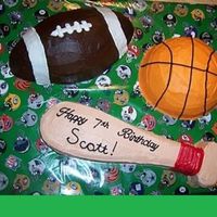 Baseball, Football, And Basketball Cake I made this for a 10 year old boy who was obsessed with these 3 sports. All icing is butter cream. My instructions on how I made this cake...