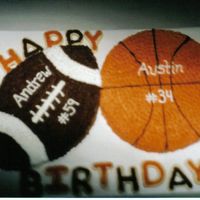Sports Birthday The football was cut from 10" round cake and the basketball was also a 10" round cake. The cake is Golden butter with peanut...
