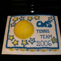 Tennis Team Cake White cake/white BC icing sheetcake from Costco (cake is 3/4" higher on one side than the other, NOT MY FAULT! lol), sportball choc....