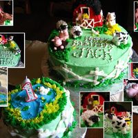 Farm / Barnyard Cake For 1St Birthday Celebration Fondant animals, rice krispy treat barn, and the rest is buttercream. Made a small cake for Jack to get messy with, and made sure to keep...