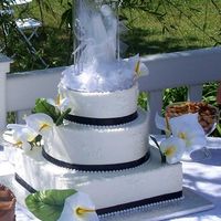 Simple Elegance 10" square 8 & 6 rounds - a small cake for outdoor wedding. Turned out good, but was rusty in the stacking part. Black ribbon with...