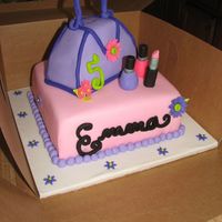 Purse, Nail Polish And Lipstick Daisies 8 inch square chocolate cake covered in MMF. Carved chocolate cake purse covered in MMF. The flowers, nail polish and lipstick are also MMF...