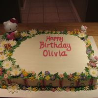 Hello Kitty Chocolate cake iced in buttercream, all flowers are MMF. Customer provided me with the Hello Kitty figures.