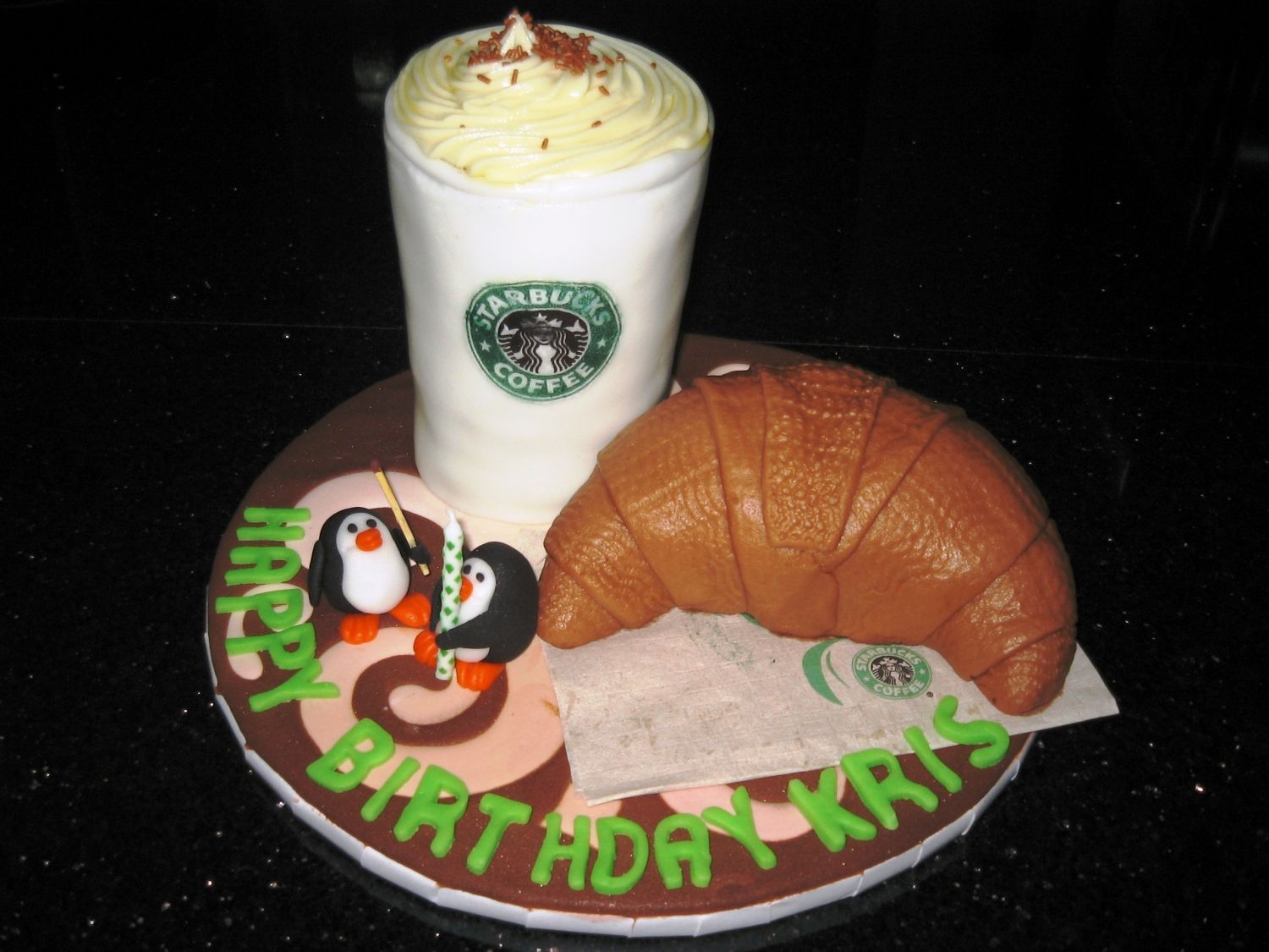 Coffee & Croissant A cake I made for my sister who loves Starbucks and Penguins (Hence the penguins holding the match and candle)