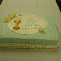 Magdalena's First Communion For a young girl at church. 2nd attempt at cornelli lace. 12 x 18 WASC, fresh strawberry filling iced in buttercream, fondant accents....