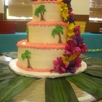 Luau Birhday Cake for an 80 year old's birthday luau! Flowers are silk, provided by the lady who ordered the cake. First three tier cake I ever did...