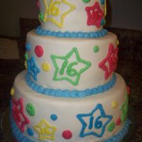 Stars! 16th birthday cake, she wanted stars, three tiers are 8", 6", and a little pyrex ramekin.