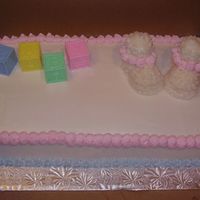 Baby Shower Cake Made for one of husband's employees - white cake with buttercream frosting - made the booties from marshmallows piped with butterreamI...
