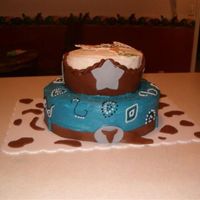 Cowboy b/c with choc mm fondant belt, buckle, cow spots, color flow icing print on top