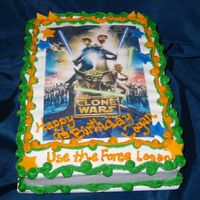 Star Wars Clone Wars Cake This 1/4 sheet chocolate fudge cake was iced in butter cream then topped with an edible Star Wars Clone Wars image and fondant shapes...