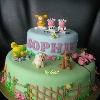 Farm Animals Cakes covered with fondant, figurines moulded with fondant mixed with gum-tex. Sophie's mom also requested for the bunny to be in the...