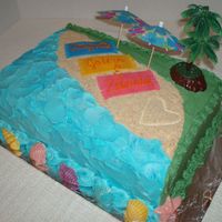 Beach Cake For A Wedding Shower This is a pineapple cake with pineapple filling. It is frosted with bc, the towels are made of fondant, and the shells are molded candy....