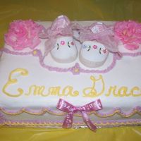 Baby Shower This is a 9x13 chocolate cake with buttercream icing I did for my best friends baby shower. The shoes, roses and ribbon are real. Thanks...