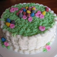 Easter Birthday Cake My sister's birthday cake (for Easter), 2 layer raspberry chocolate cake with buttercream icing and Cadbury dark chocolate mini eggs,...