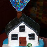 Disney Pixar Up 10" round on bottom, wilton's stand-up house cake pan on top of round, man and balloons are an edible image icing gumpaste plaque...