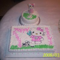 Hello Kitty And Dog Final View Cake was created for the 3 year old granddaughter of my husband'sco-worker. Cake is a yellow butter cake with butter cream frosting....