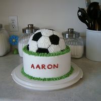 3-D Soccer This is an 8 inch round with a half ball cake on top; iced in buttercream. I had a hard time getting the pattern to match up on the back of...