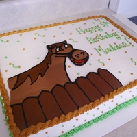 Horse Sheet Cake This is an 11x15 sheet cake. Horse is a chocolate transfer. Remaining decorations are buttercream.
