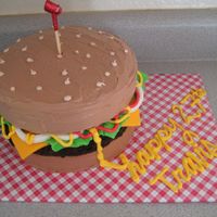 Burger Cake I made this for my brothers 27th birthday, I baked 2 8in cakes for the buns and one 8in cake for the patty. For a textured look on the...
