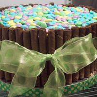 Easter Cake Triple chocolate chip cake with dark chocolate pirouette cookies and dark chocolate m&m's for decoration.
