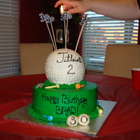 Fore! Golf theme cake for an avid golfer. Ball was made with the wilton 3-d ball pan, base of the cake was a 10" cake. Chocolate cake with...