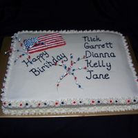 Fireworks Birthday A birthday party for July celebrants. Flag and fireworks are done in Royal Icing. Cake is 1/2 vanilla w/bavarian creme filling and 1/2...