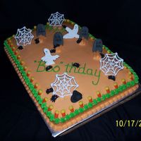 Happy Boo-Thday 1/2 choc, 1/2 vanilla sheet cake. Buttercream icing with royal icing decorations.