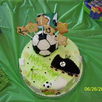 Krissys 10 made the soccer ball out of rice krispies treats that I formed into a ball while it was still warm, and then covered it with fondant.