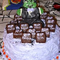 Frankenstein Cake We had a bunch of muncjkins over for a Halloween party and I made this for them. It is french vanilla cake with cookies and cream filling...
