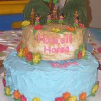 Luau Cake Bottom layer is 12 inch cherry chip cake iced and filled w/ bc. Top layer is 8 inch white cake filled with cherry pie filling, iced in bc...