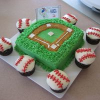 Baseball Birthday For my nephew's birthday. Chocolate cake with buttercream. The center is 8" square cake with baseball cupcakes.