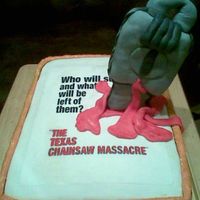 Texas Chainsaw Massacre made a red velvet cake and covered with MMF, and the saw is rice crispie treat with MMF. I cheated with the lettering, it's an edible...