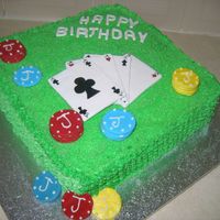 Poka butter cream, colured sugar on top. Fondant cards and chips