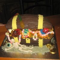 Treasure Chest all edible-ringlollie pop, jelly skeletion, lollie necklaces, jelly eyeball, choc coins, gian lolly python, sugar sand