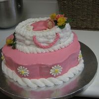 Little Girls Baby Shower Cake For Church white cake with fresh strawberrys and cream cheese frosting. gumpaste baby and roses. Royal dasies. The humidity was terrible so the baby...