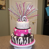 Sweet 16 Zebra/hot Pink I loved this one. Inspired by many ideas here on CC. BC w/ fondant accents. Store purchased decoration on top inserted through straws.