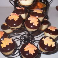 Fall Cupcakes i made these for thanksgiving. caramel vanilla cupcakes with chocolate ganache frosting. yum! the leaves are fondant.